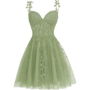 Sage Green Coquette Forest Fairy Lace Tulle Sheer Embellished Corset Dress 18